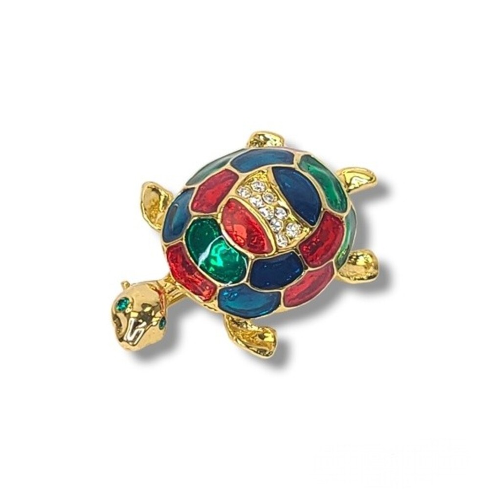 Vintage Turtle Pin Brooch Multicolor Rhinestone Goldtone Brooch Lapel Pin